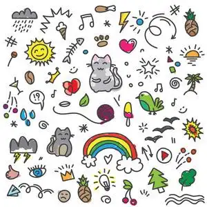 手绘猫,鸟,彩虹等艺术元素的涂鸦图案魔术可爱的独角兽在卡通风格与