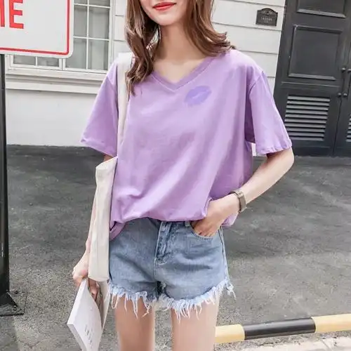 香芋紫色短袖v领t恤女夏2018新款韩版宽松半袖欧货纯棉体恤上衣潮白色