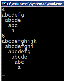 倒三角用c语言怎么编程,例如:abcdefg abcdef abcde abcd abc ab a