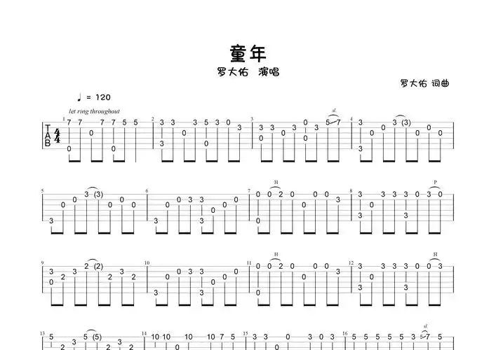 童年(指弹独奏谱)吉他谱(图片谱,独奏,简单版,指弹)_罗大佑