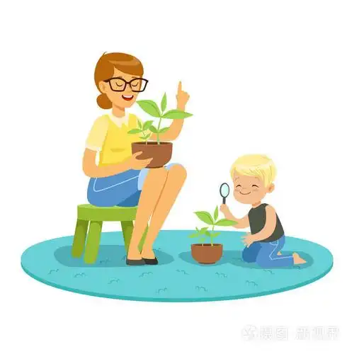 小男孩审查通过放大镜的植物和植物与植物学在幼儿园卡通矢量插图课的