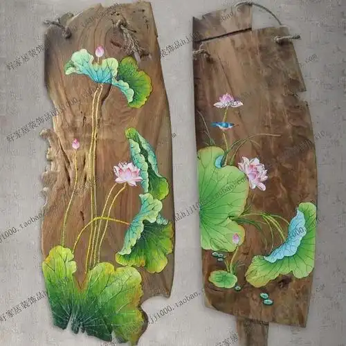 手绘木板画原木挂板画风化木挂板中式复古田园风化木板画禅意壁饰