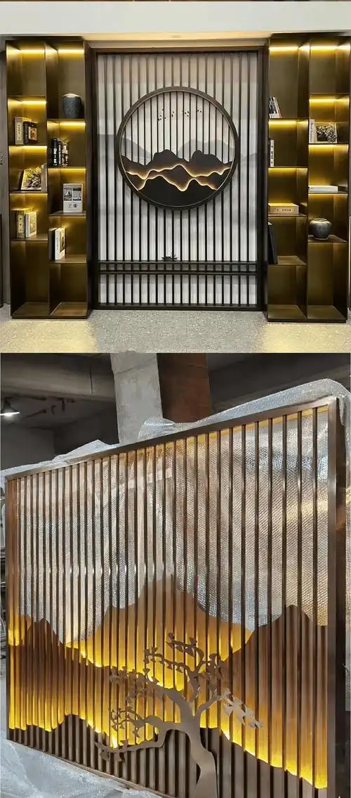 不锈钢假山屏风隔断酒店大堂庭院圆形山水格栅造型装饰背景墙订制2022