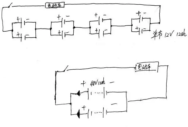 电动车 电池并联2组 48v12ah的并联.哪种好,如图.