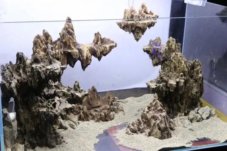 新鱼缸积木骨架造景悬浮套装松皮石头实拍水动力流沙瀑布60缸