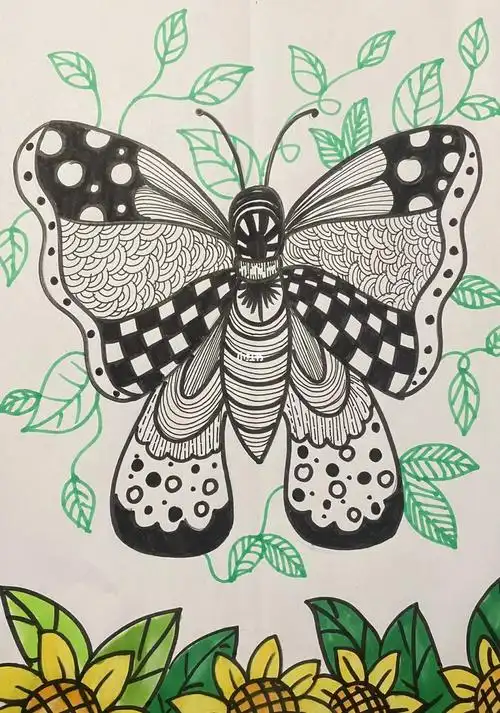 少儿美术  #线描  #创意线描  #蝴蝶  #黑白线描  #画画  #线上美术