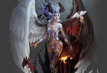 恶魔,艺术,天使,角,翅膀,女孩,链,天使