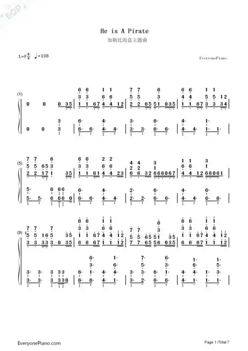 加勒比海盗主题曲-he is a pirate双手简谱预览1