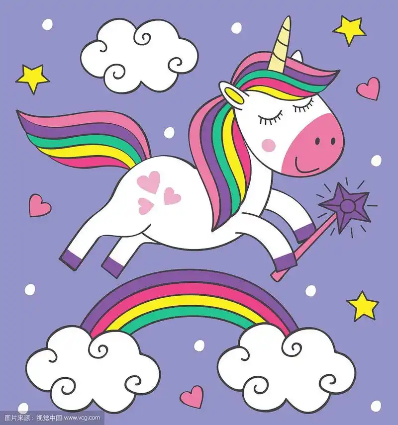 可爱的小独角兽飞过彩虹