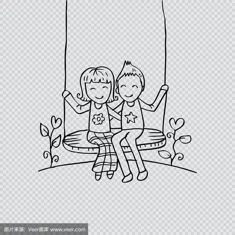 一对荡秋千的夫妇.手绘插图.