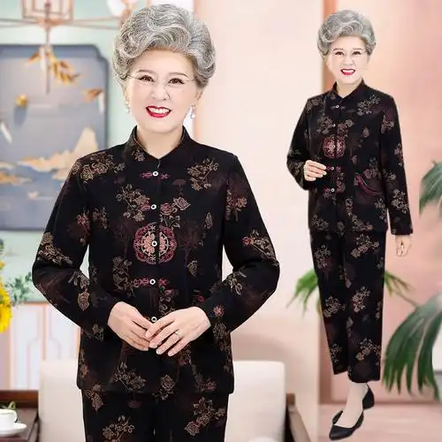 两件套妈妈唐装长袖衣服太太薄外套奶奶装70岁80老年人春秋女套装