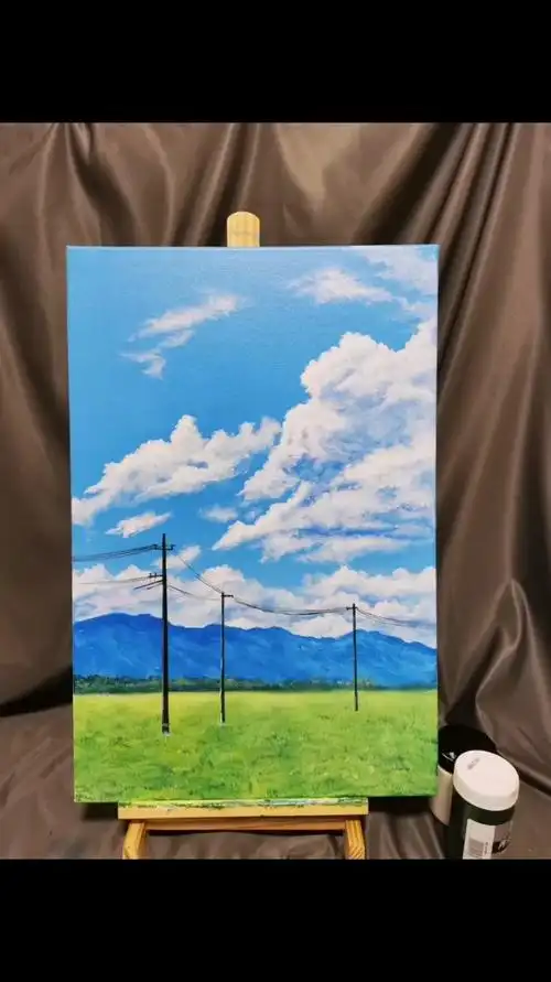 丙烯画乡间的蓝天白云画起来