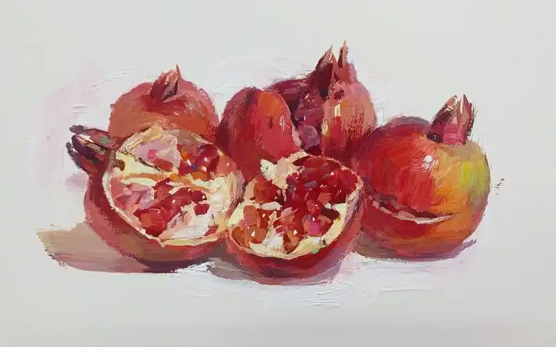 水粉色彩画一组剥开的石榴