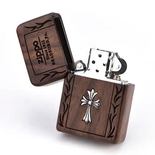 打火机zippo正版原装桃木刻十字架 zpoo打火机正品zoop限量木质男