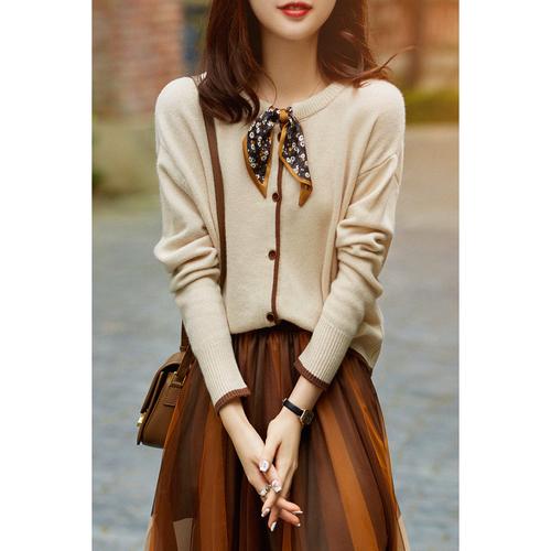 秋季女装针织开衫毛衣外套百搭美拉德服饰小众打底衫丝巾系带上衣