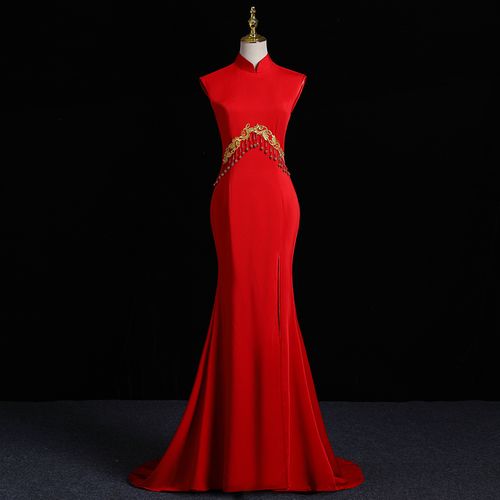 中国国风红色高级晚礼服拖尾长款鱼尾修身宴会礼服