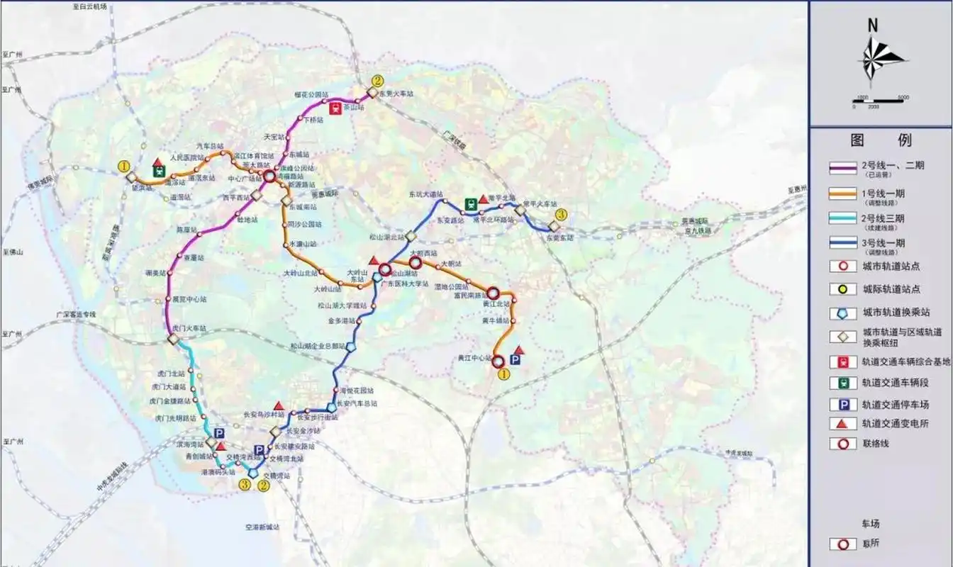 东莞地铁轨道1,2,3号线线路图 目前,1号线一期建设中; 2号线延长线