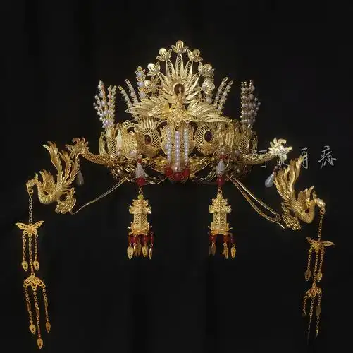 仿花丝凤冠 华丽五凤朝阳冠新娘大发冠头饰流苏古风汉服配饰诰命
