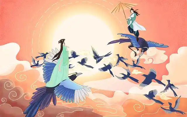 唯美古风七夕鹊桥相会插画七夕插画