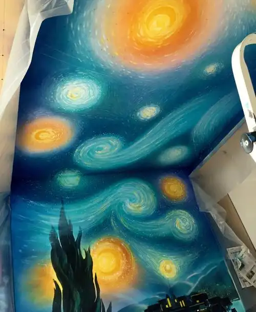 儿童房墙绘星空列车