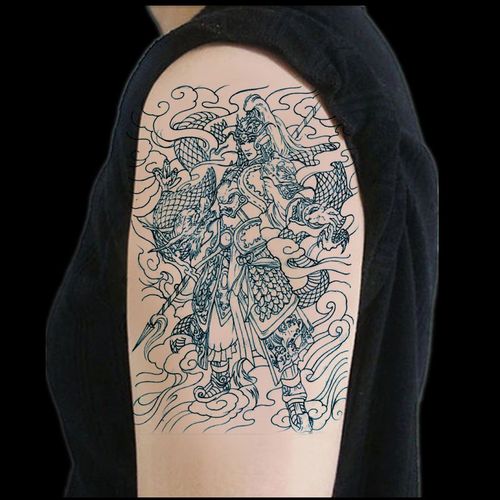 萨默斯防水纹身贴持久男赵子龙战神赵云花臂胳膊小腿贴纸刺青仿真 线