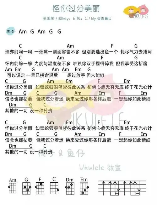怪你过分美丽尤克里里谱吉他谱c调高清版桃子鱼仔ukulele编配张国荣