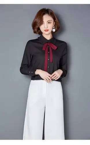 2017春季新款纯色翻领雪纺衫百搭长袖衬衫蝴蝶结上衣气质女装韩版