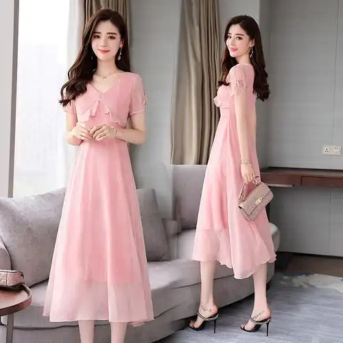 女士春夏装粉色中长款修身收腰a字大摆透视网纱裙子仙女裙连衣裙