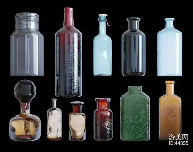 一组11个彩色玻璃瓶模型