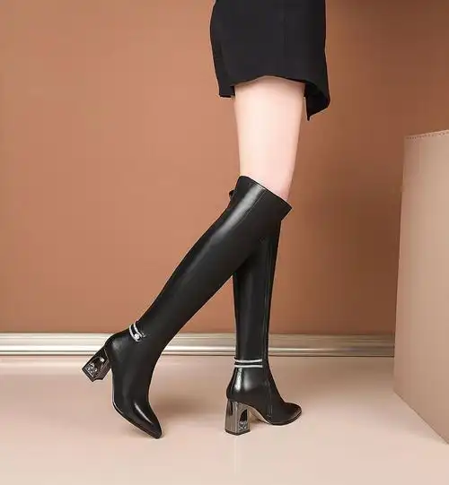 2020秋冬新款过膝长靴女真皮尖头粗跟高跟纯皮头层牛皮高筒女靴子