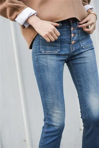 【无退换】zuccos卓蔻 复古微喇牛仔裤九分口袋薄高腰女牛仔纽扣