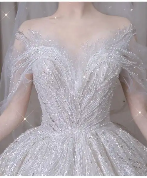 余芷婚纱拖尾主婚纱一字肩法式主婚纱夏季新娘一字肩大拖尾仙气婚纱浅