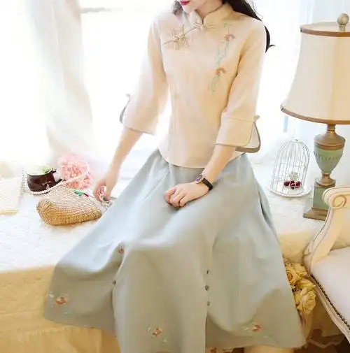 2021春秋夏季改良版旗袍民国风裙子女装中国风汉服到脚踝长裙套装