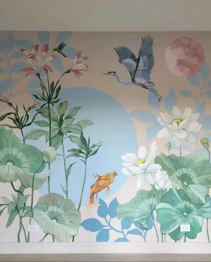 室内墙绘背景墙花卉彩绘简约清新风格 #诸暨墙绘 #兰溪 - 抖音