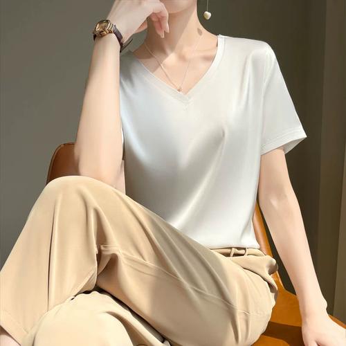 真丝短袖 v领 女夏体恤桑蚕丝显瘦休闲三醋酸绸缎丝滑t恤 经典 圆领 -