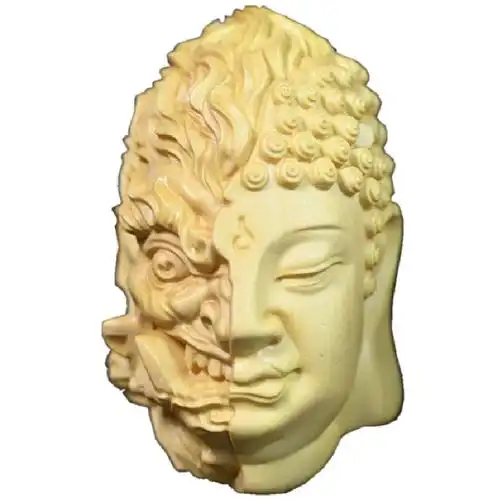 木雕手把件佛魔黄杨木文玩一念之间绿檀木一半佛一半魔男士把玩件