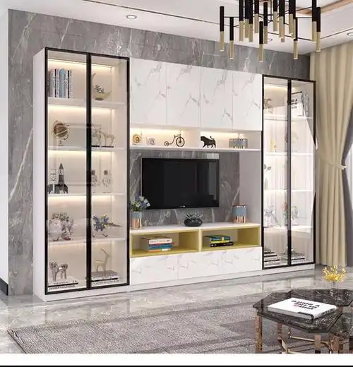 现代简约电视柜背景墙组合柜子客厅展示柜玻璃柜轻奢多功能带灯电视柜