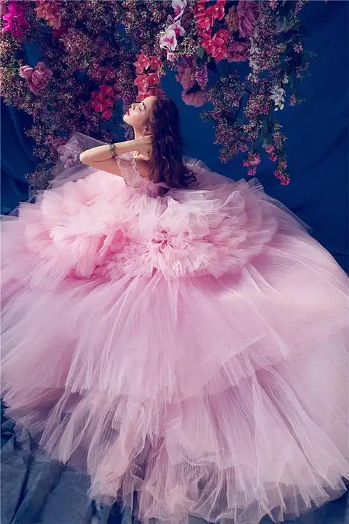 新款影楼婚纱照大气唯美粉色婚纱彩纱礼服内外婚纱