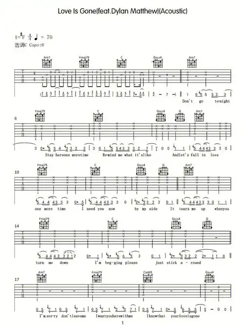 安排一首《loveisgone》喜欢英文歌的吉他选手可以参考下这个谱子