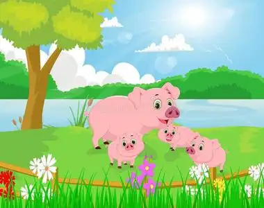 河猪河岸上的卡通猪家族照片