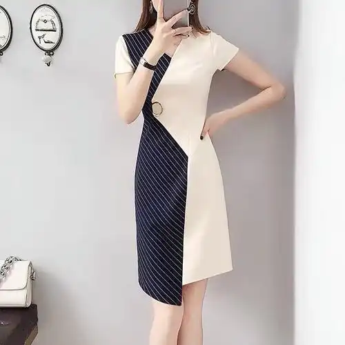 短袖连衣裙女2021夏装新款不规则时尚减龄大码女装气质收腰中长