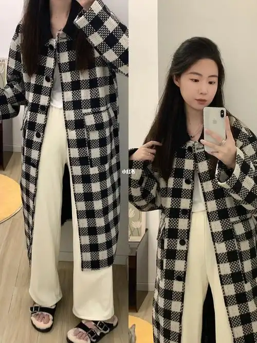 这个黑白格纹大衣好韩呀