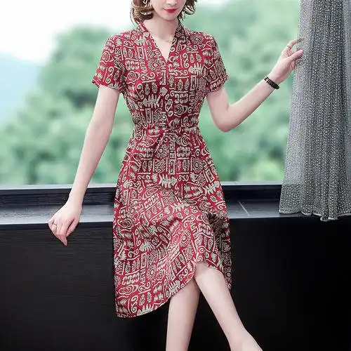 真丝连衣裙女夏季高档短袖减龄