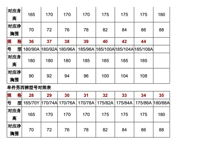 服饰男装标准尺码对照表doc5页