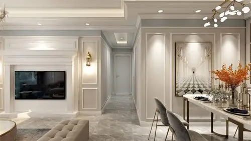 120平大户型欧式简约风格客厅石膏线电视墙装修效果图