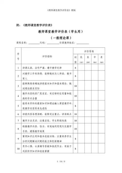 教师课堂教学评价表模版