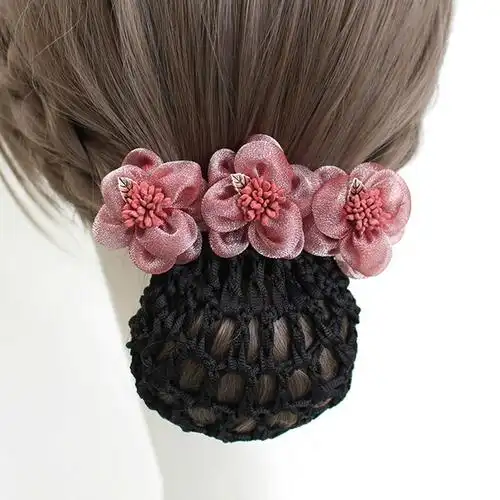 头花女职业发网兜护士银行酒店优雅花朵空姐上班盘发夹发饰品黑色细网