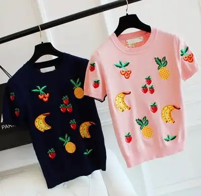 韩国刺绣针织衫 2015韩版初秋修身水果图案圆领针织衫