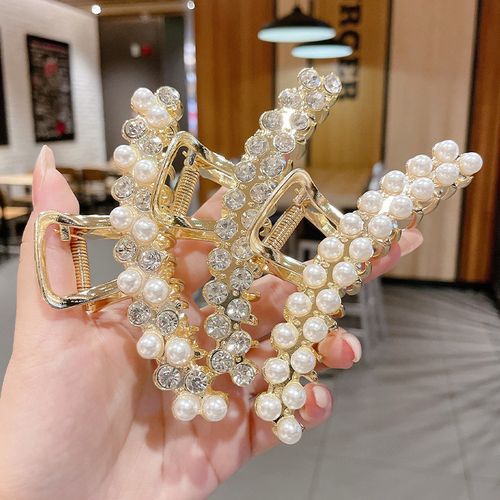 网红大号珍珠水钻盘发抓夹后脑勺鲨鱼发卡发夹头发夹子头饰秋冬女