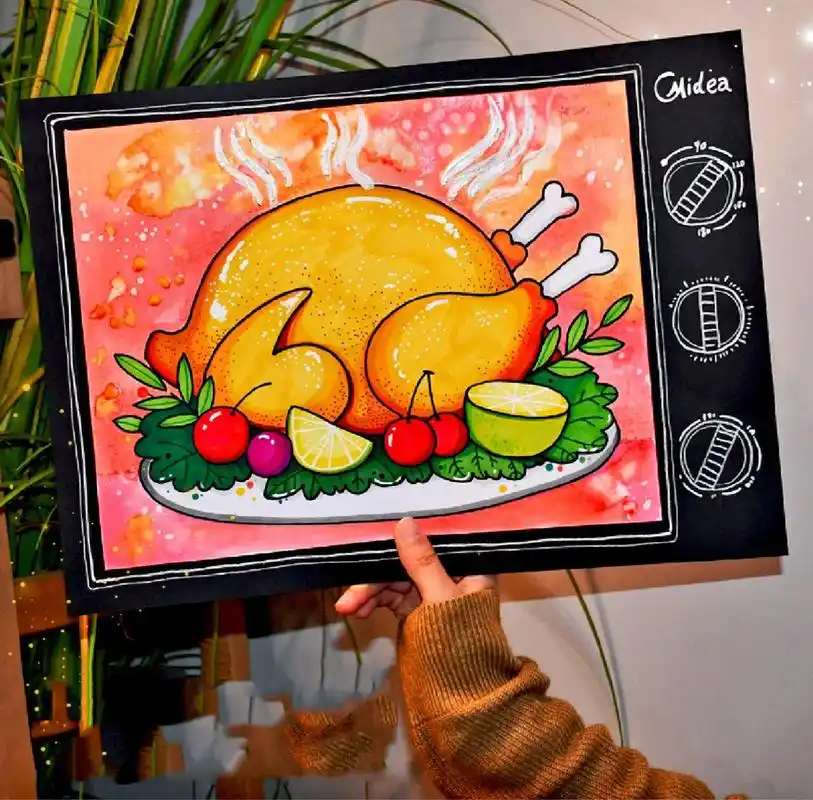 儿童画教程|感恩节美食之烤火鸡 【教学重难点】  画一盘火鸡:描绘出